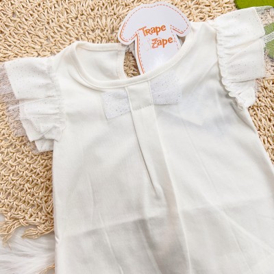 Macacão Curto com Laço e Mangas em Tule Brilhantes - Off White